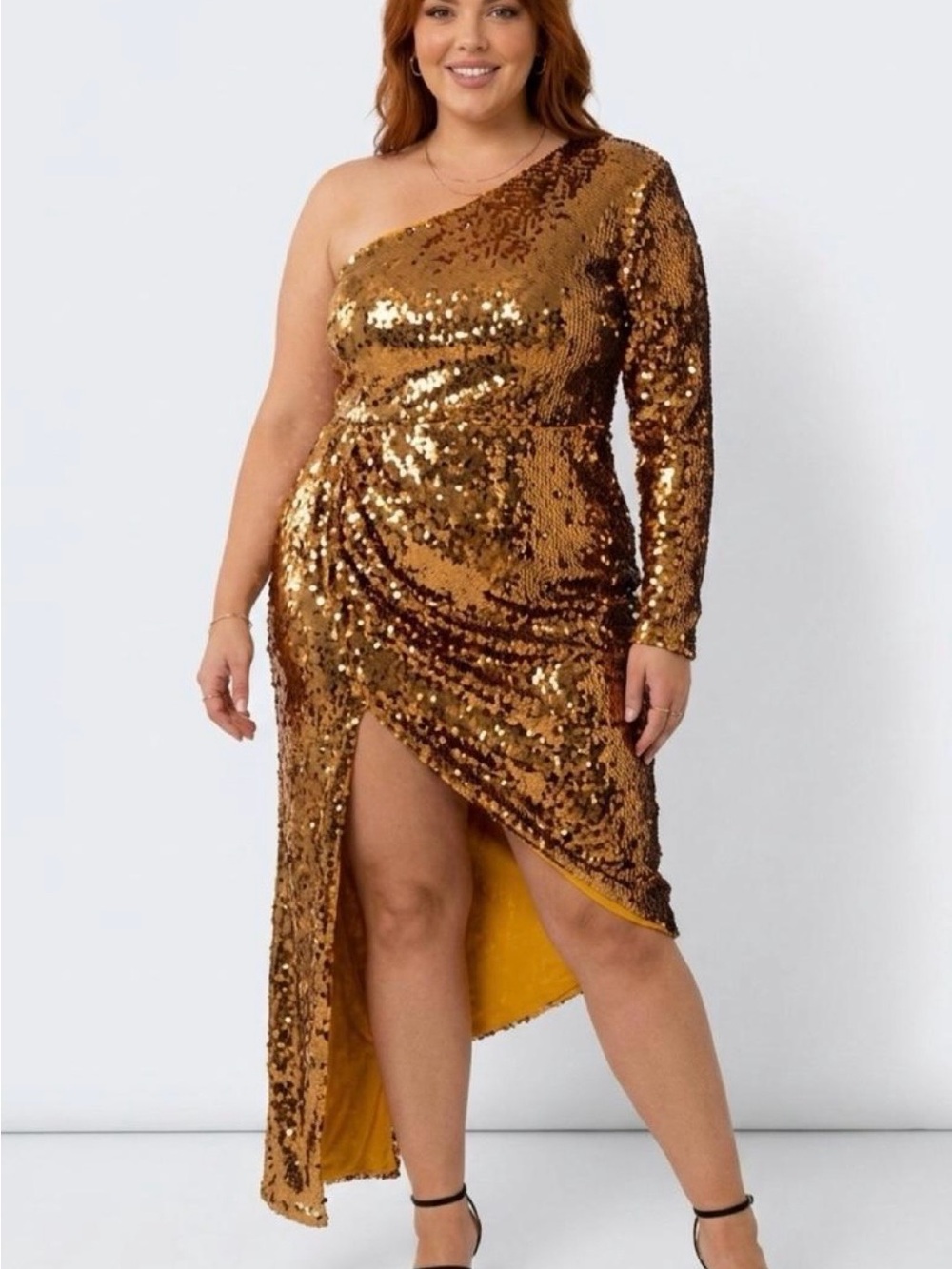 NWT- Fashion Nova One-Shoulder Gold Sequin Asymmetrical Midi Dress